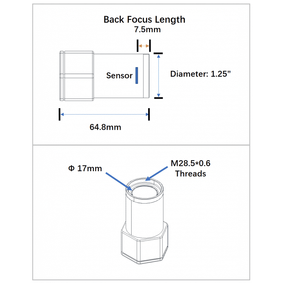 Technical diagram of a sensor with measurements and specifications
