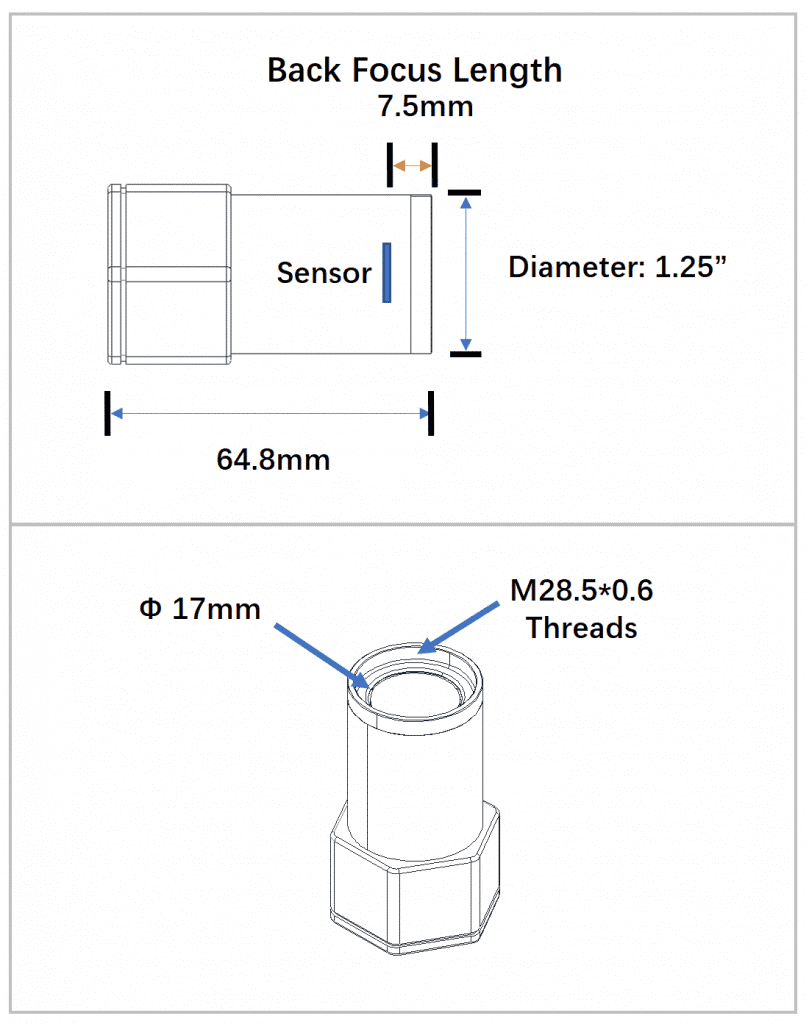 Technical diagram of a sensor with measurements and specifications