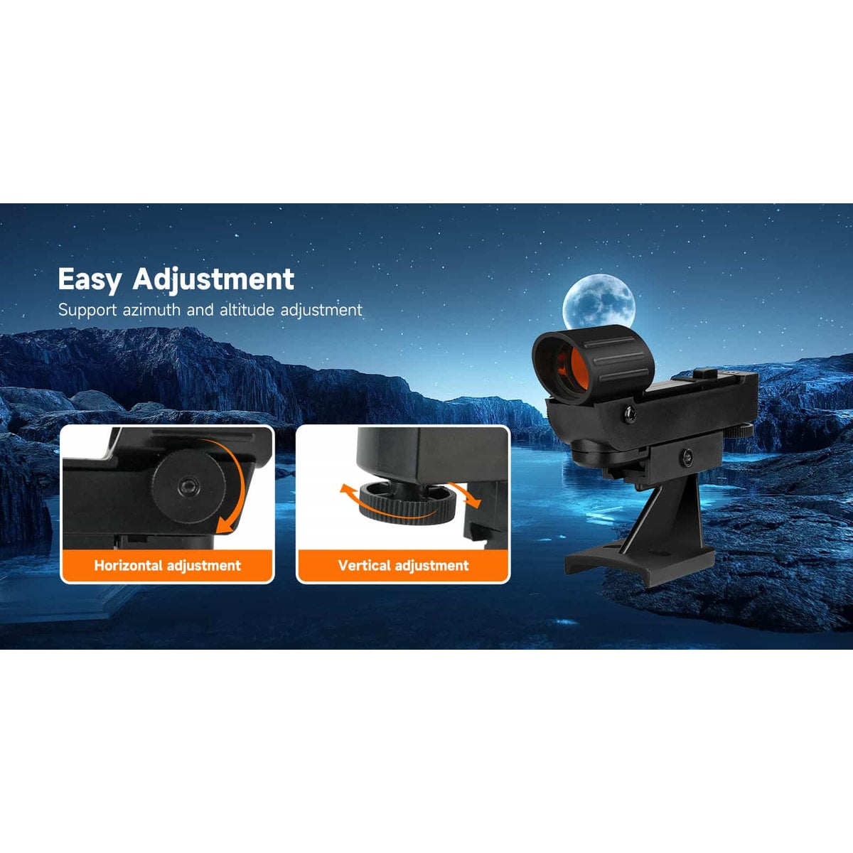 Optical device with adjustable components on a mountain landscape background