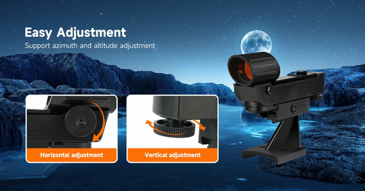 Optical device with adjustable components on a mountain landscape background