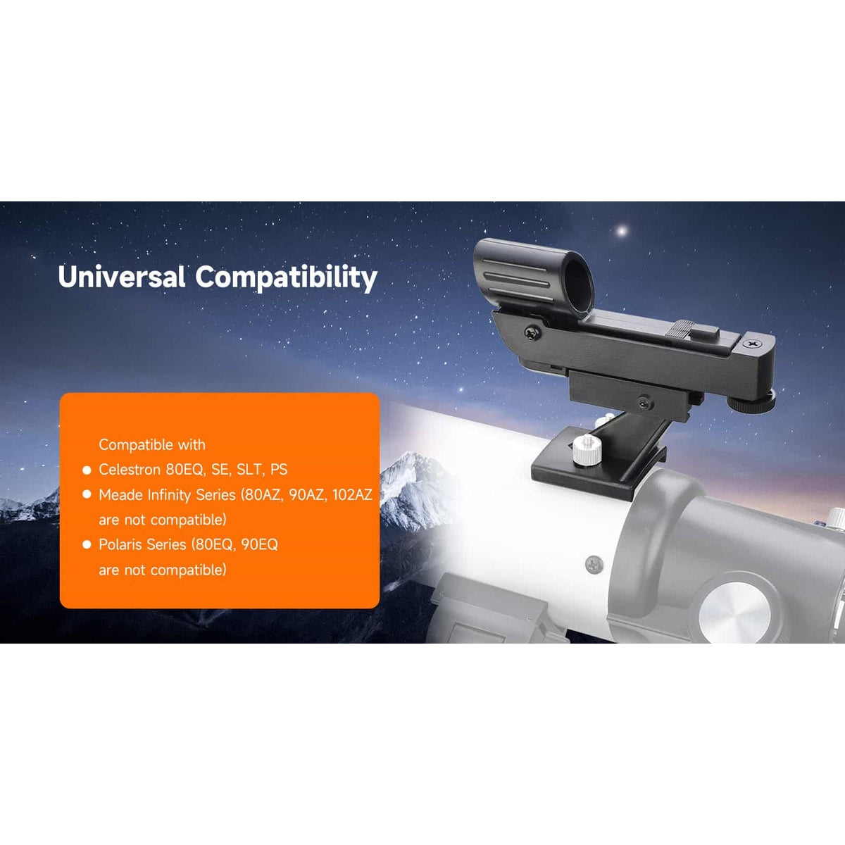Telescope mount with compatibility information on an orange square against a starry night sky background.