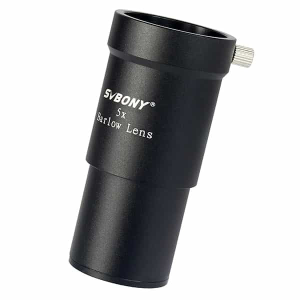 Black 5x barlow lens with Svbony branding on a white background