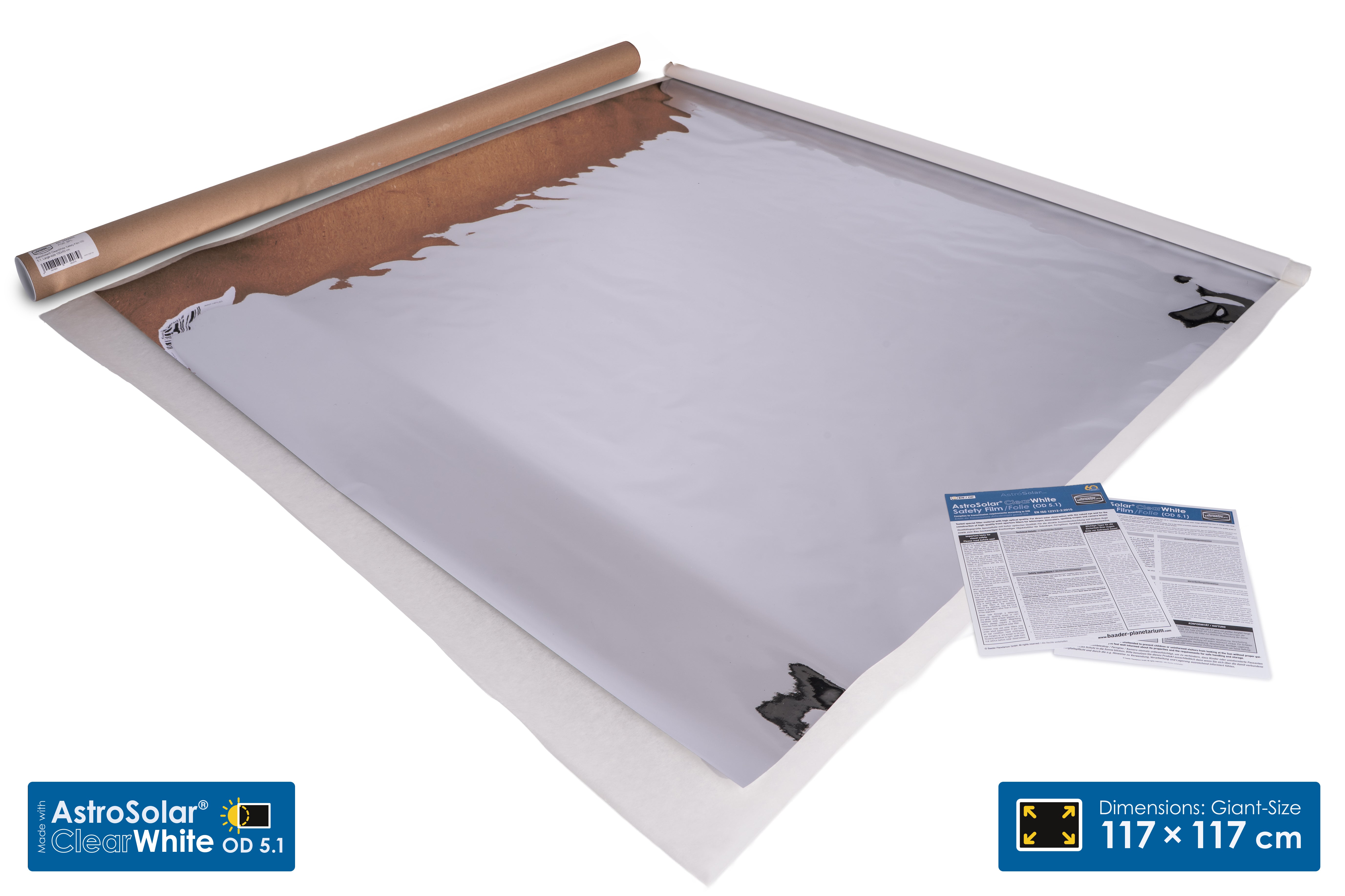AstroSolar Clear White Giant Size roll-up solar panel backsheet, shown partially unrolled with its kraft paper core visible, accompanied by two instruction sheets on a white background.