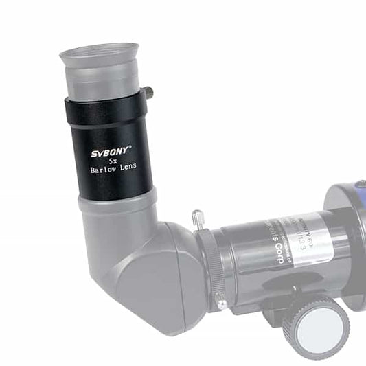 Svbony 5x barlow lens attached to a telescope on a white background