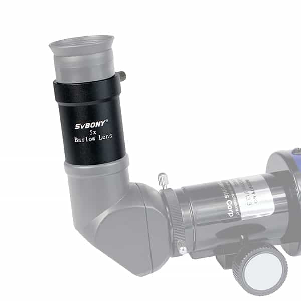 Svbony 5x barlow lens attached to a telescope on a white background