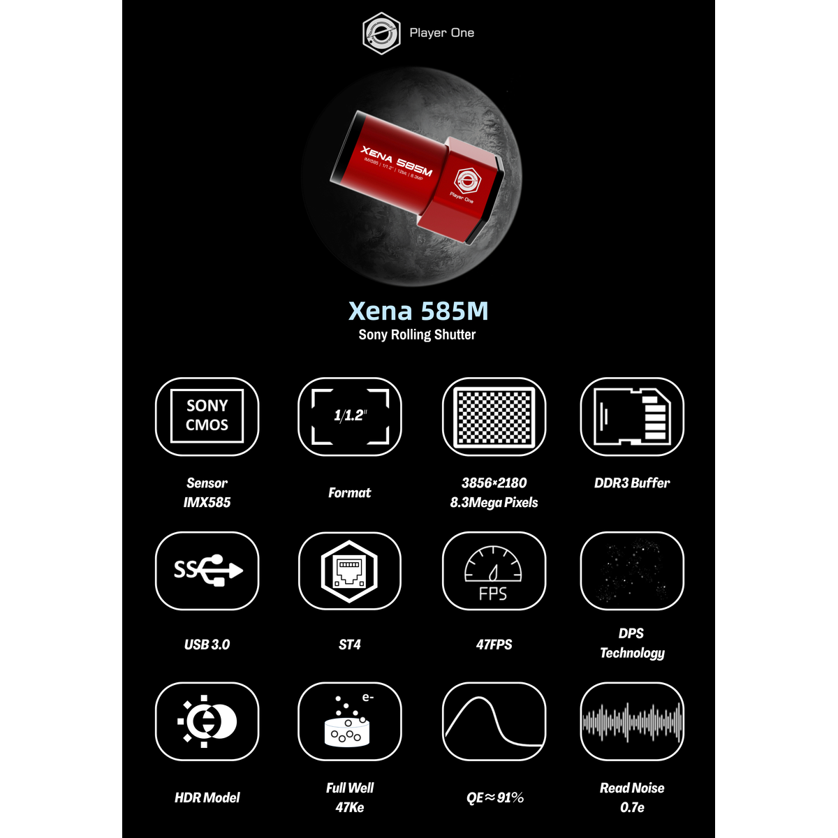 Product specifications of Xena 585M camera sensor on a dark background