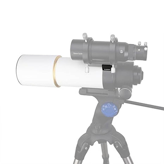 Telescope with white tube and black eyepiece on a white background