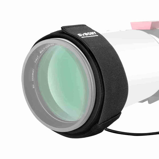 Camera lens with SVBONY SV192 Dew Heater Strip 12V on a white background