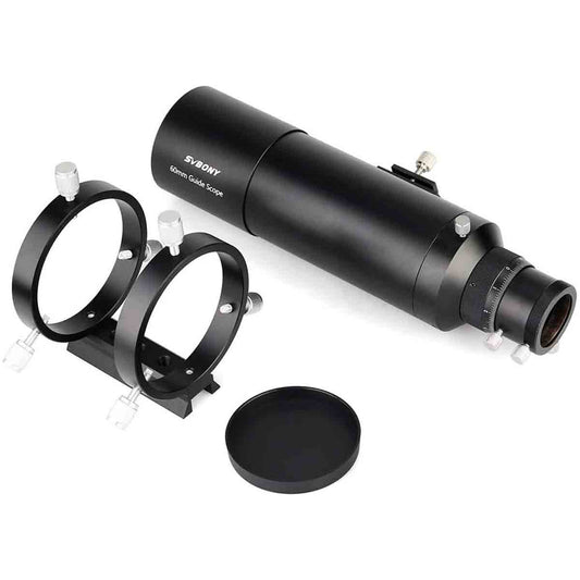 Black SVBONY SV106 60mm f/4 Guide Scope with accessories on a white background