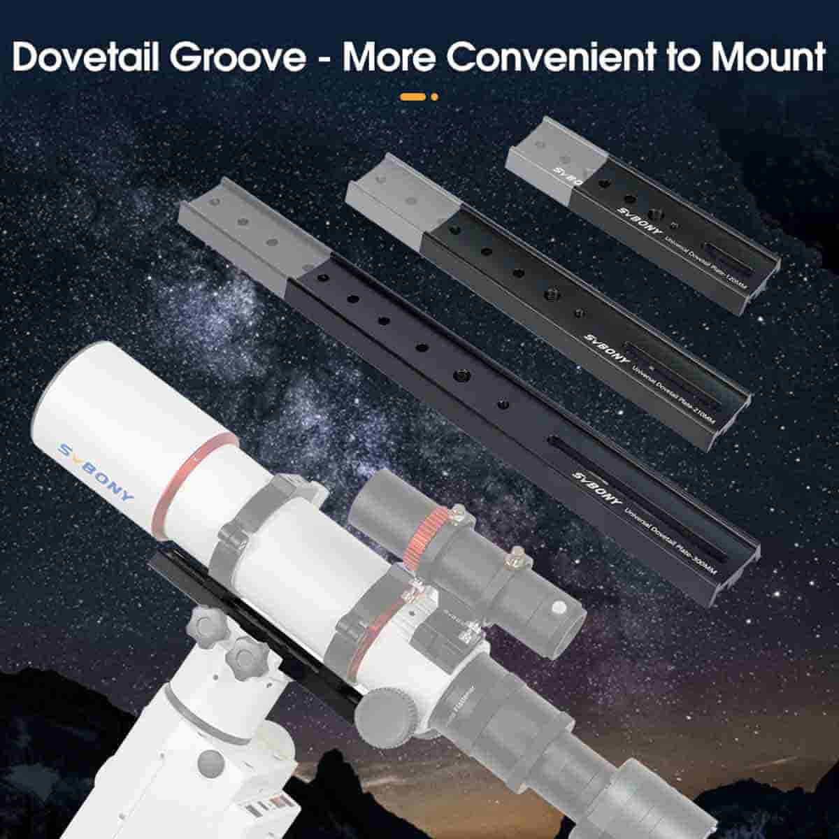 Telescope with dovetail groove accessories against a space-themed background