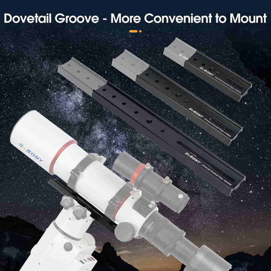 Telescope with dovetail groove accessories against a space-themed background
