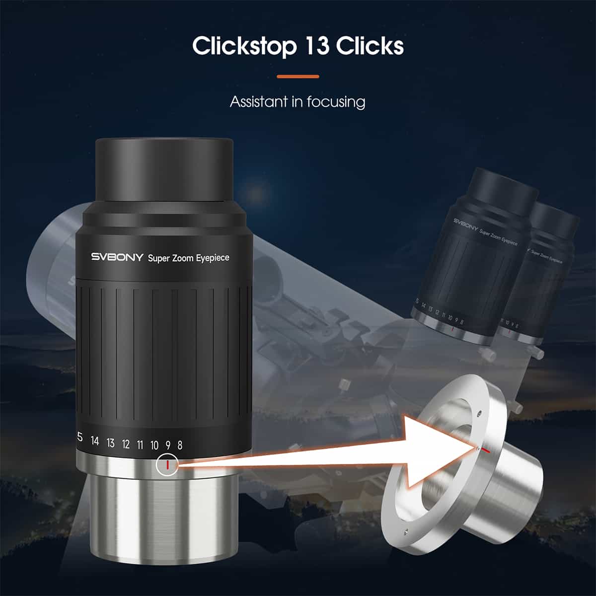 SV230 Super Zoom Aspheric Eyepiece Clickstop Parfocal Design 8-20mm 57°- 72° visual combinations with focus mechanism on a dark background