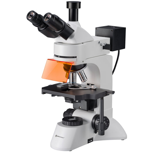 BRESSER Science ADL 601 F LED 40-1000x Microscope front view with cover