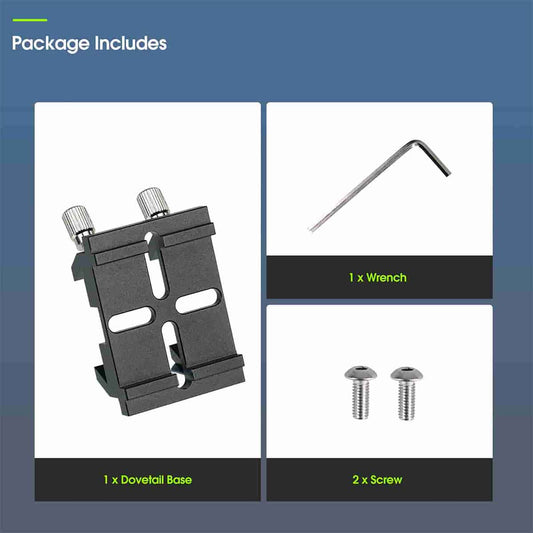Product package with dovetail base, wrench, and screws on a white background