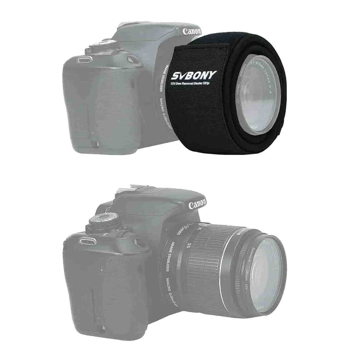 Canon camera with lens cover and Svbony logo on a white background