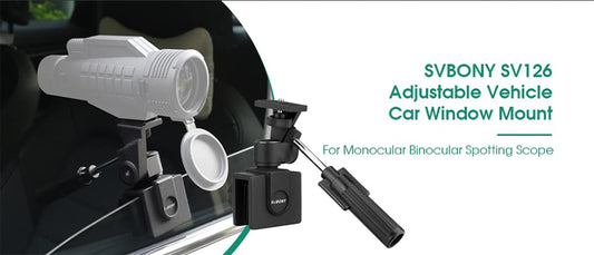 SVBONY SV126 adjustable vehicle car window mount for monocular binocular spotting scope on a car window background.