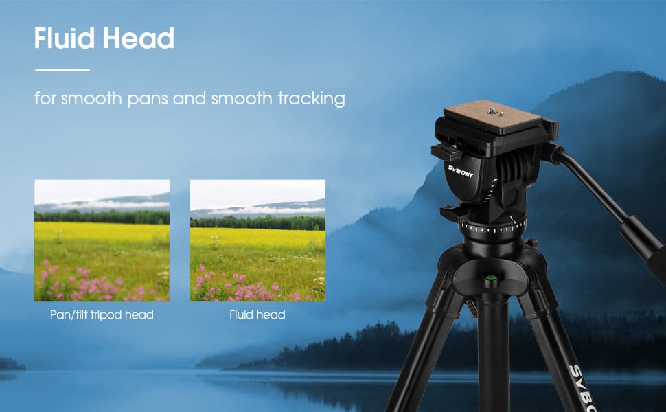 Camera fluid head with a scenic background and text about smooth pans and tracking.