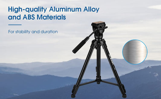 Black tripod with high-quality materials text on a scenic background