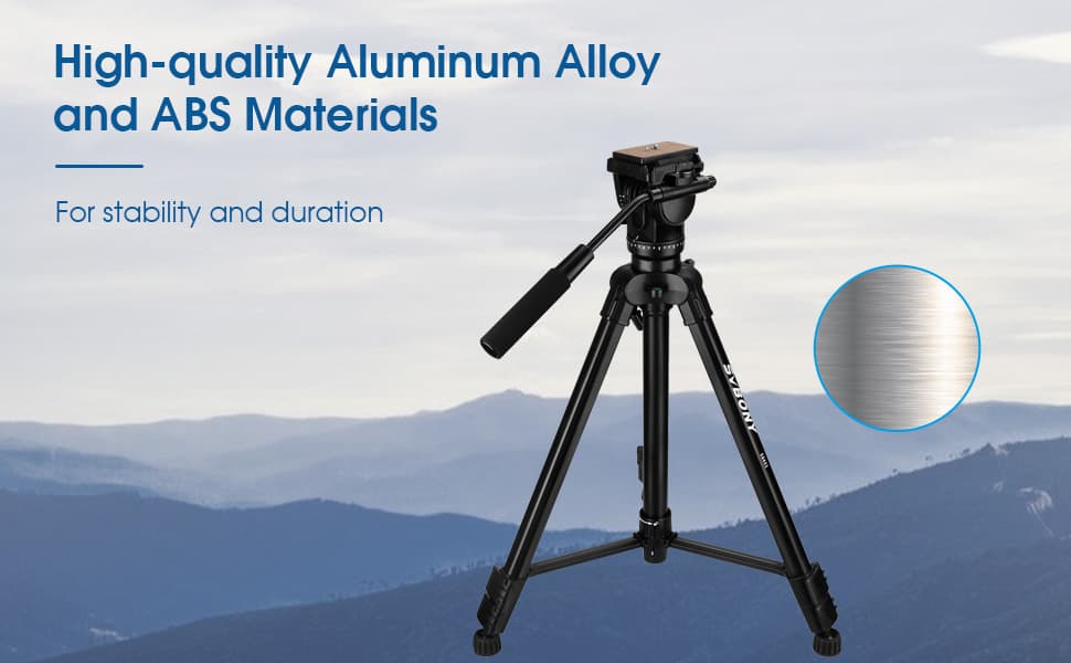Black tripod with high-quality materials text on a scenic background