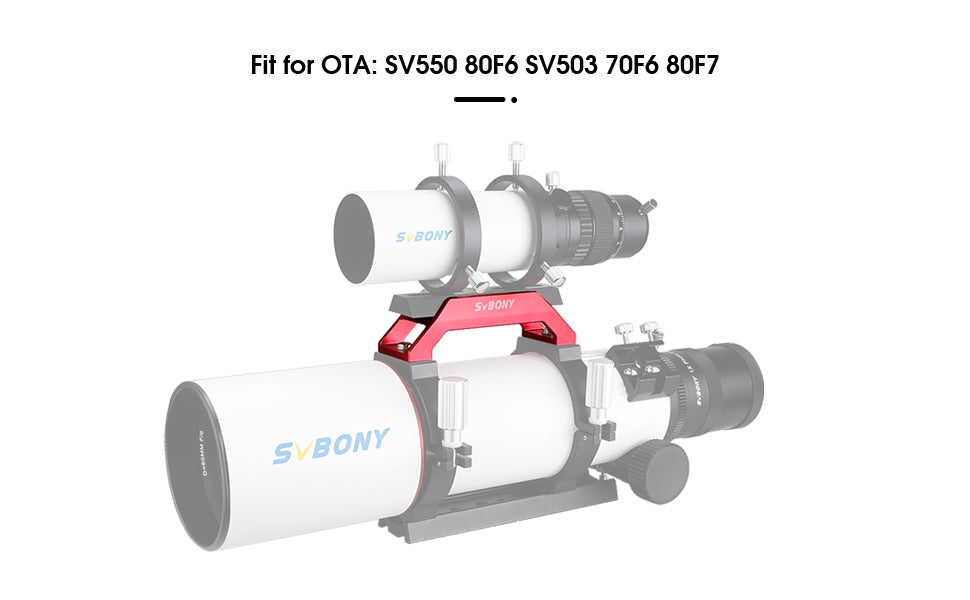 Svbony telescope mount on a white background with product names listed.