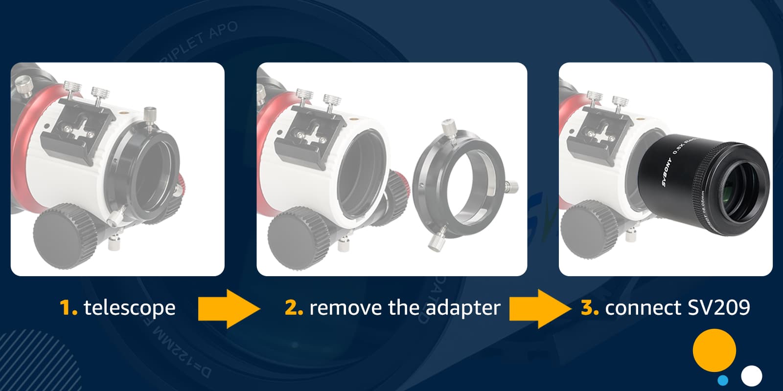SVBONY SV209 Focal Reducer/Field Flattener 0.8x for SV550 122F7 Triplet APO showing how to attach