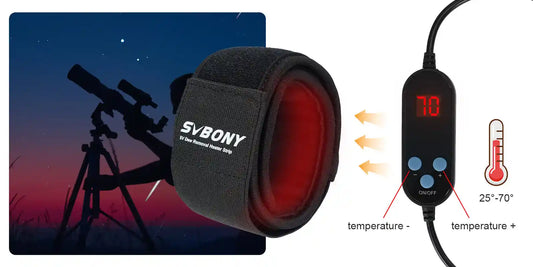 Svbony camera warmer with digital display and control panel, shown with a telescope and starry night background.