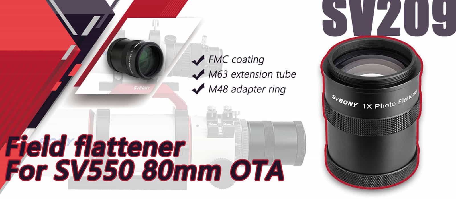 SVBONY SV209 Field Flattener 1.0x for SV550 80F6 showing coatings