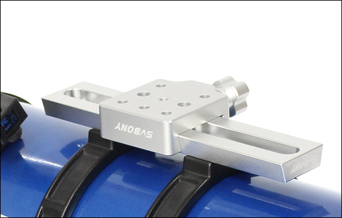 Metal camera bracket with 'Svbony' branding on a blue surface