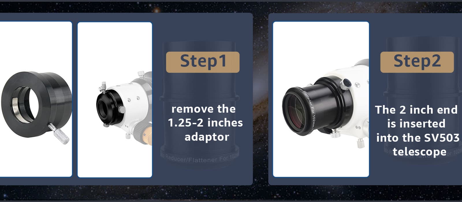 SVBONY SV193 2-Inch 0.8x Focal Reducer / Field Flattener for SV503 102ED showing connection method