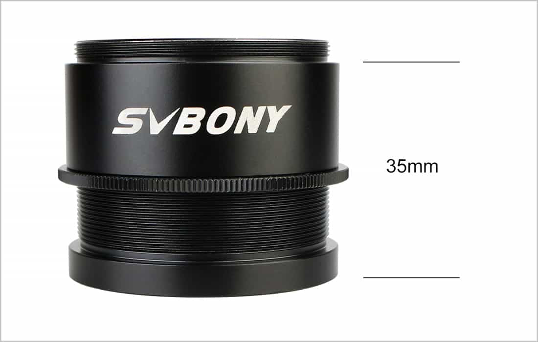 Black SV109 Variable M42 Thread Extension Tube on a white background with measurement text.