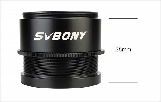 Black SV109 Variable M42 Thread Extension Tube on a white background with measurement text.
