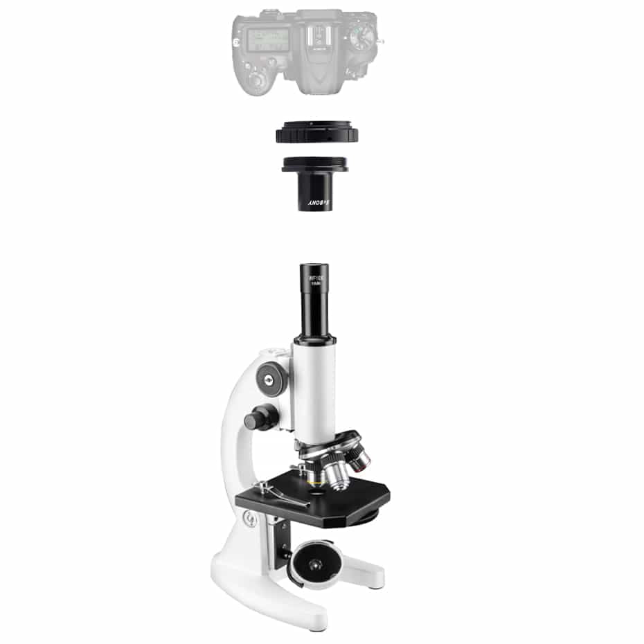 Microscope with camera attachment on a white background