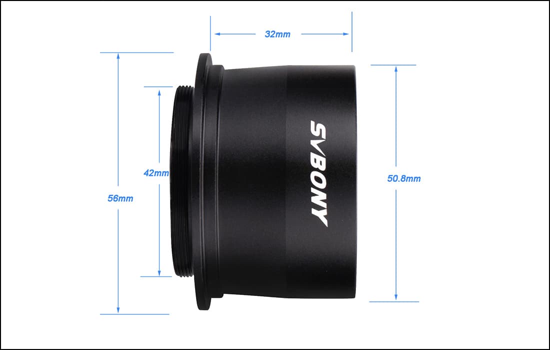 Black lens with SVBONY branding and measurements on a white background