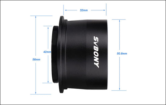 Black lens with SVBONY branding and measurements on a white background