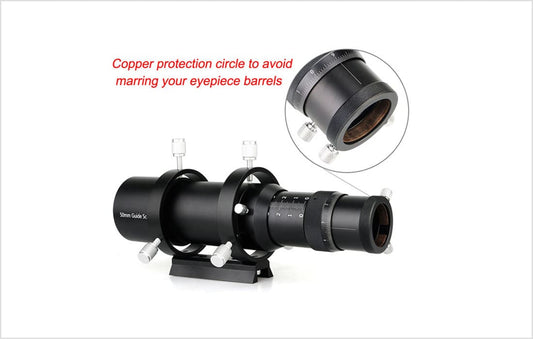 SV106 Guide Scope 50mm with Helical Focuser with copper protection circle on a white background
