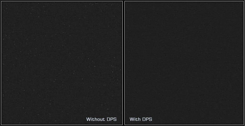 Two black squares labeled 'Without OPS' and 'With OPS' on a dark background