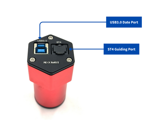 Red Xena 585M with USB3.0 and ST4 ports labeled on a white background