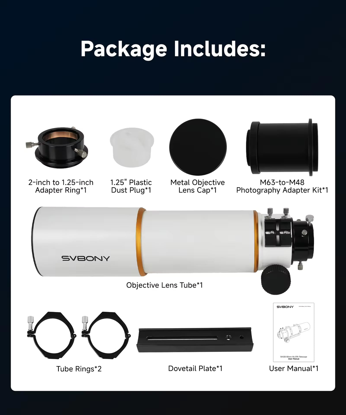 SVBONY SV530 80mm ED Refractor Telescope OTA – 480mm f/6