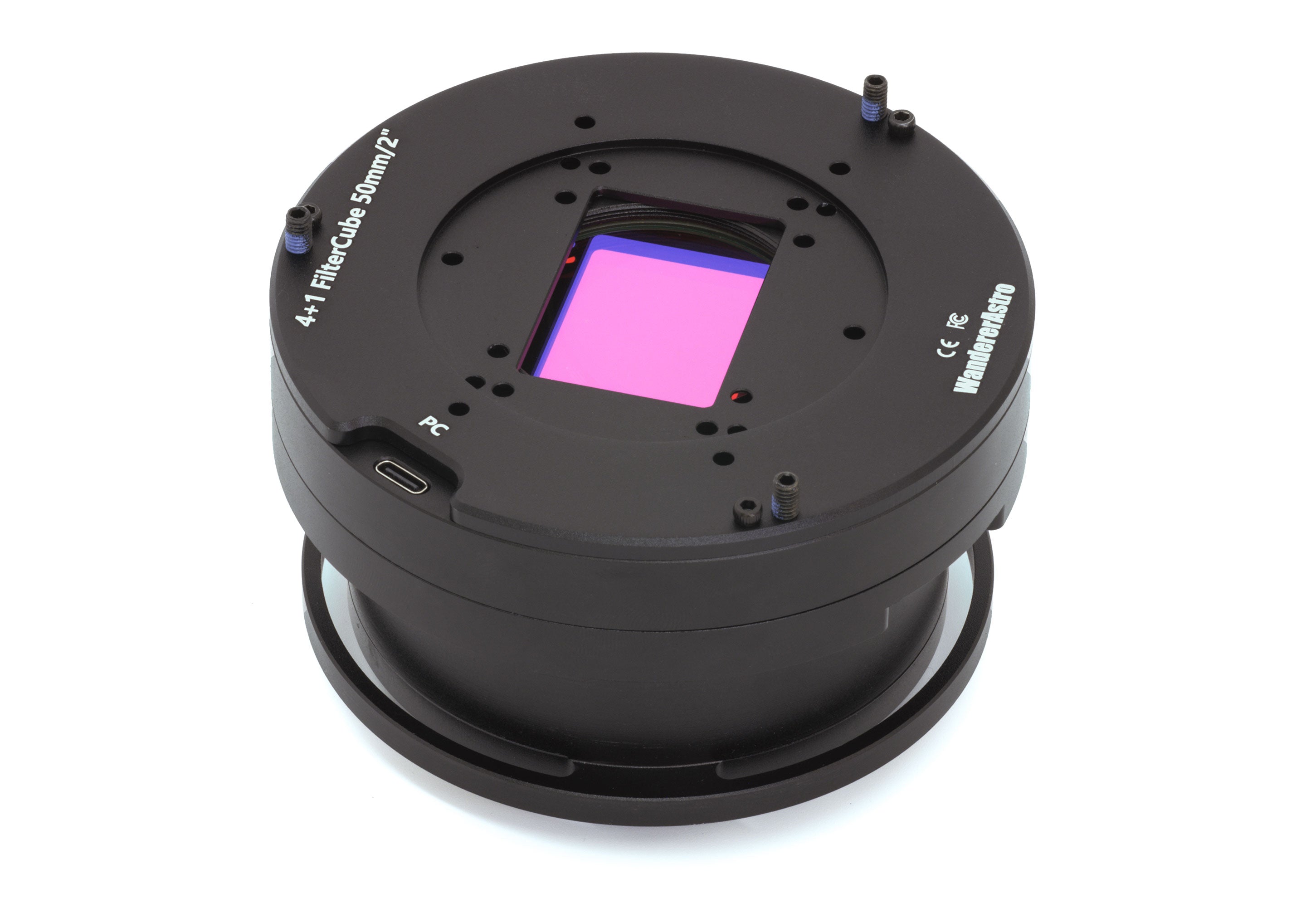 Camera lens or filter with a pink square in the center on a white background