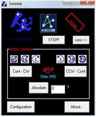 Software interface with 'ASCOM' branding and various control buttons on a black background