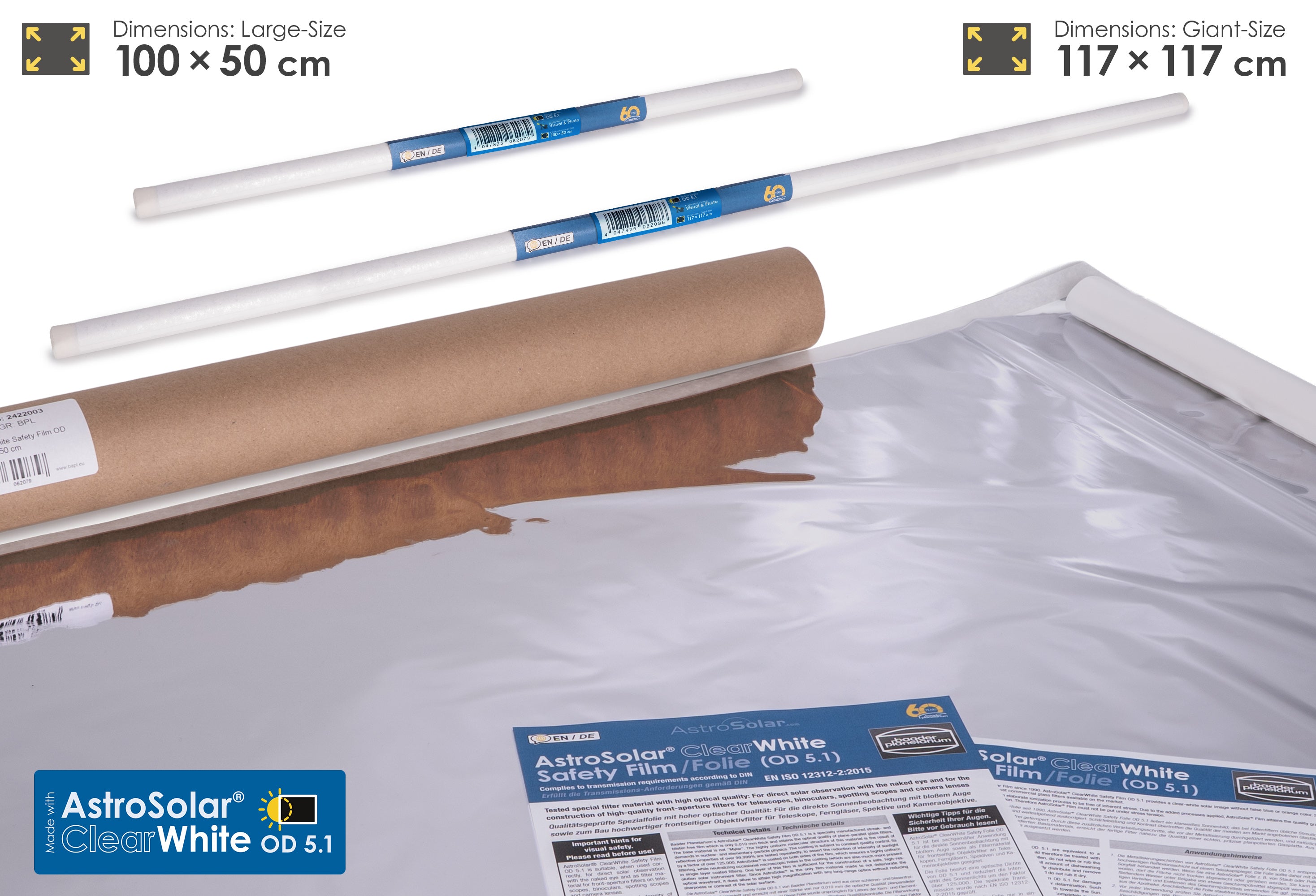 AstroSolar iCleanWhite OD 5.1 safety film rolls and a large unrolled sheet on a white background, with dimension callouts for large-size (100 x 50 cm) and giant-size (117 x 117 cm) sizes.