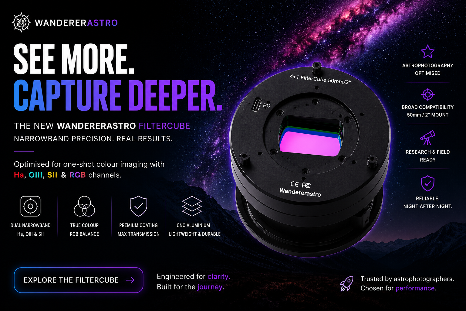 Wanderer Astro Filtercube with promotional text on a space-themed background