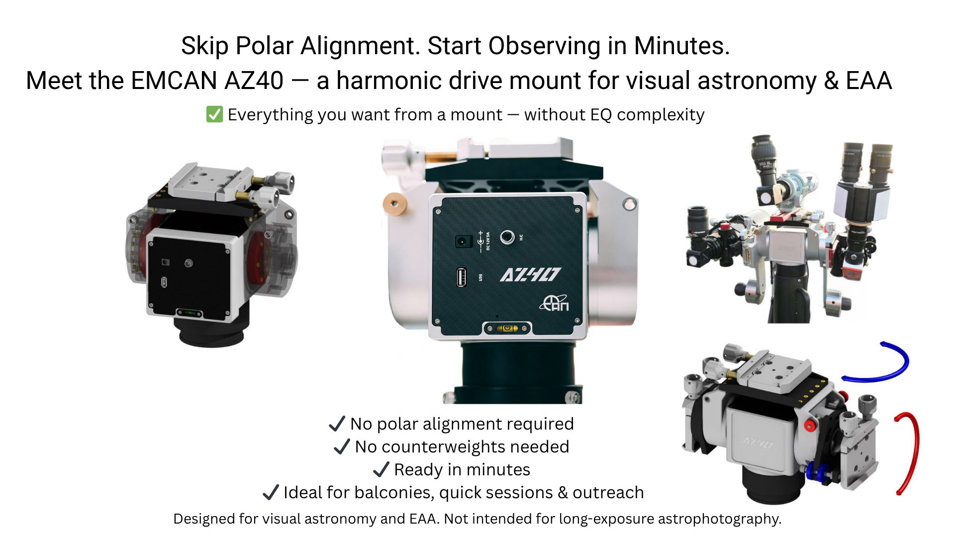 EMCAN AZ40 harmonic drive mount for visual astronomy and EAA with text highlighting features.