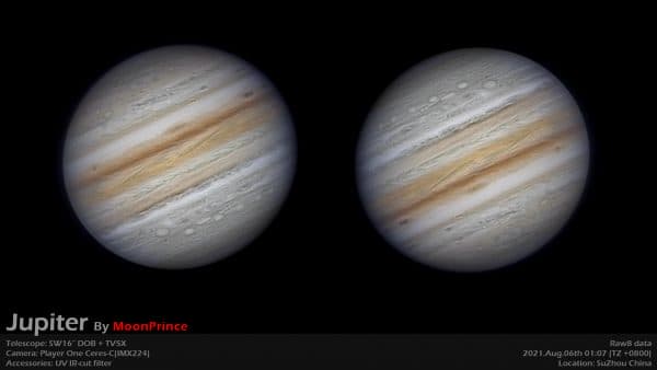 Two high-resolution images of Jupiter captured with a Player One Ceres-C camera showing detailed cloud bands and Great Red Spot.
