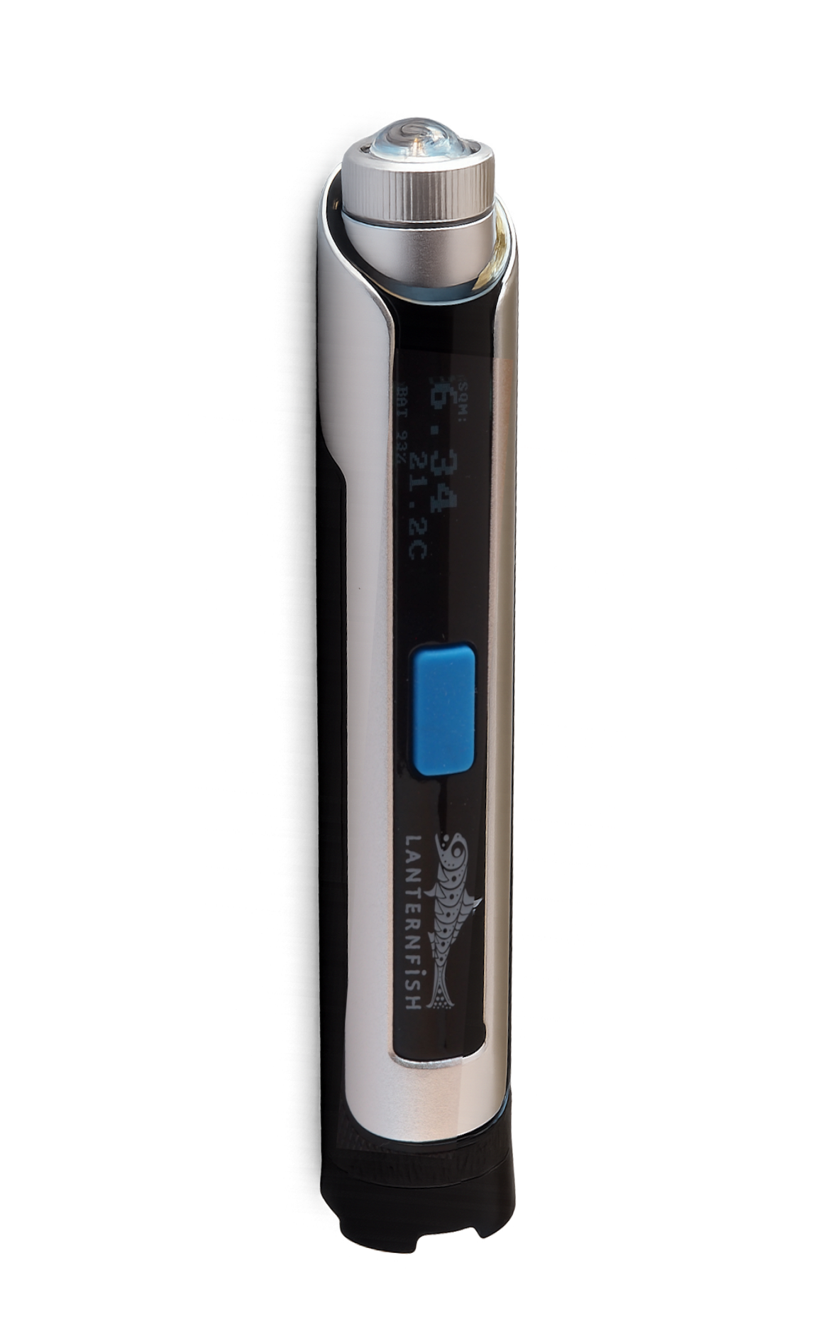 Electronic device with digital display and branding on a white background