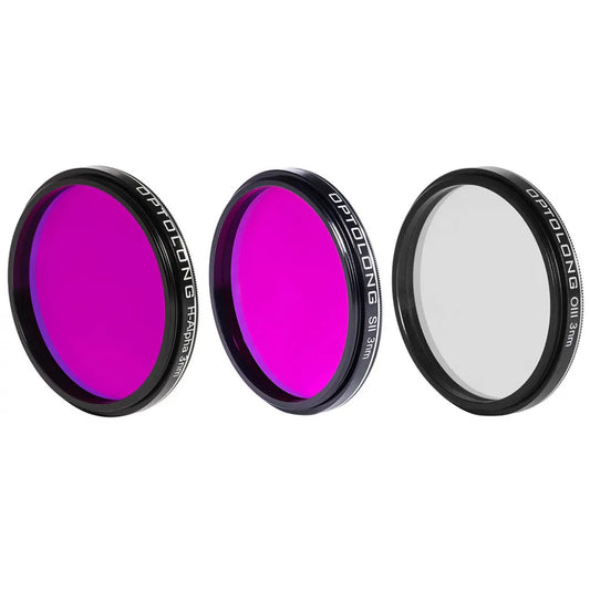 Optolong-H-alpha-OIII-SII-3nm filters with different colors on a white background