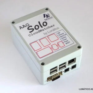 AAG Solo CloudWatcher device with a white label on a white background