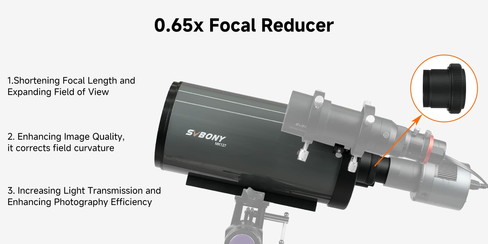 SVBONY MK127 telescope fitted with 0.65x focal reducer showing reducer position on the optical tube
