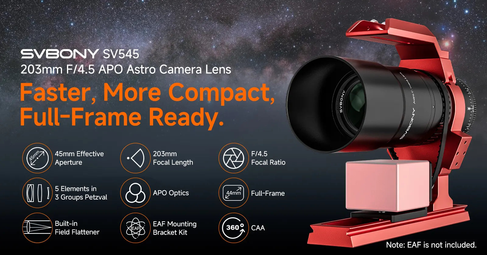 SVBONY SV545 203mm f4.5 APO astro camera lens shown with key features highlighted on a space-themed background
