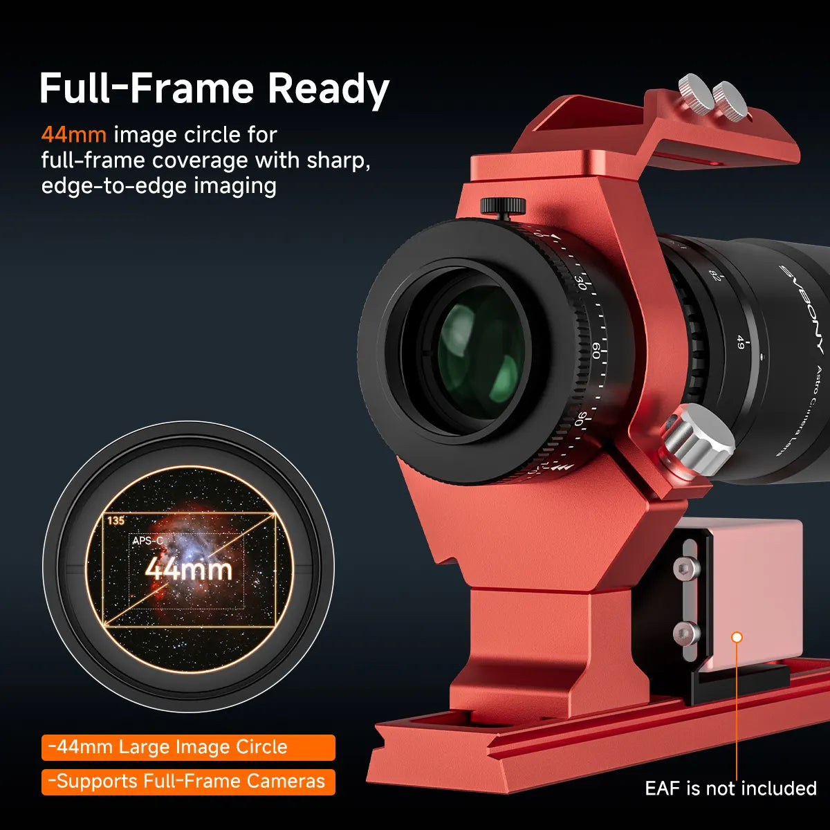 SVBONY SV545 astro camera lens showing full-frame readiness with a 44mm image circle on a dark background
